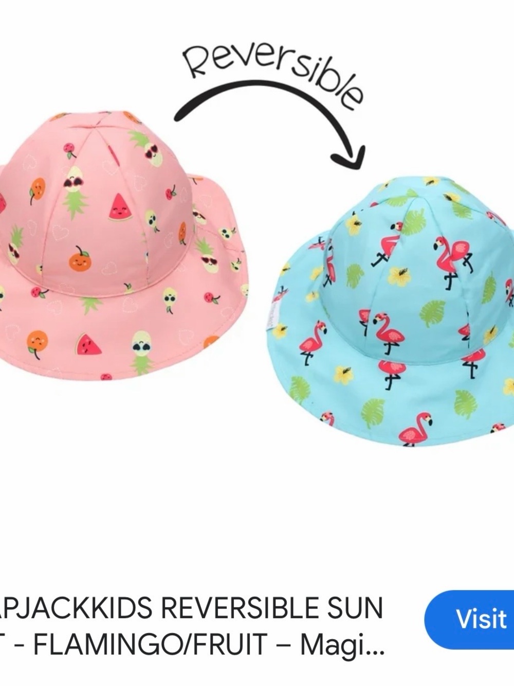 Reversible Kids Sun Hat - Pink Fruit / Blue Flamingo